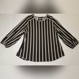 Adrianna Papell Striped 3/4 Balloon Sleeves Blouse Top Sz XL Black Taupe Keyhole